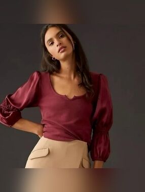 Maeve Wine Scoop-Neck Puff Sleeve Top Size S